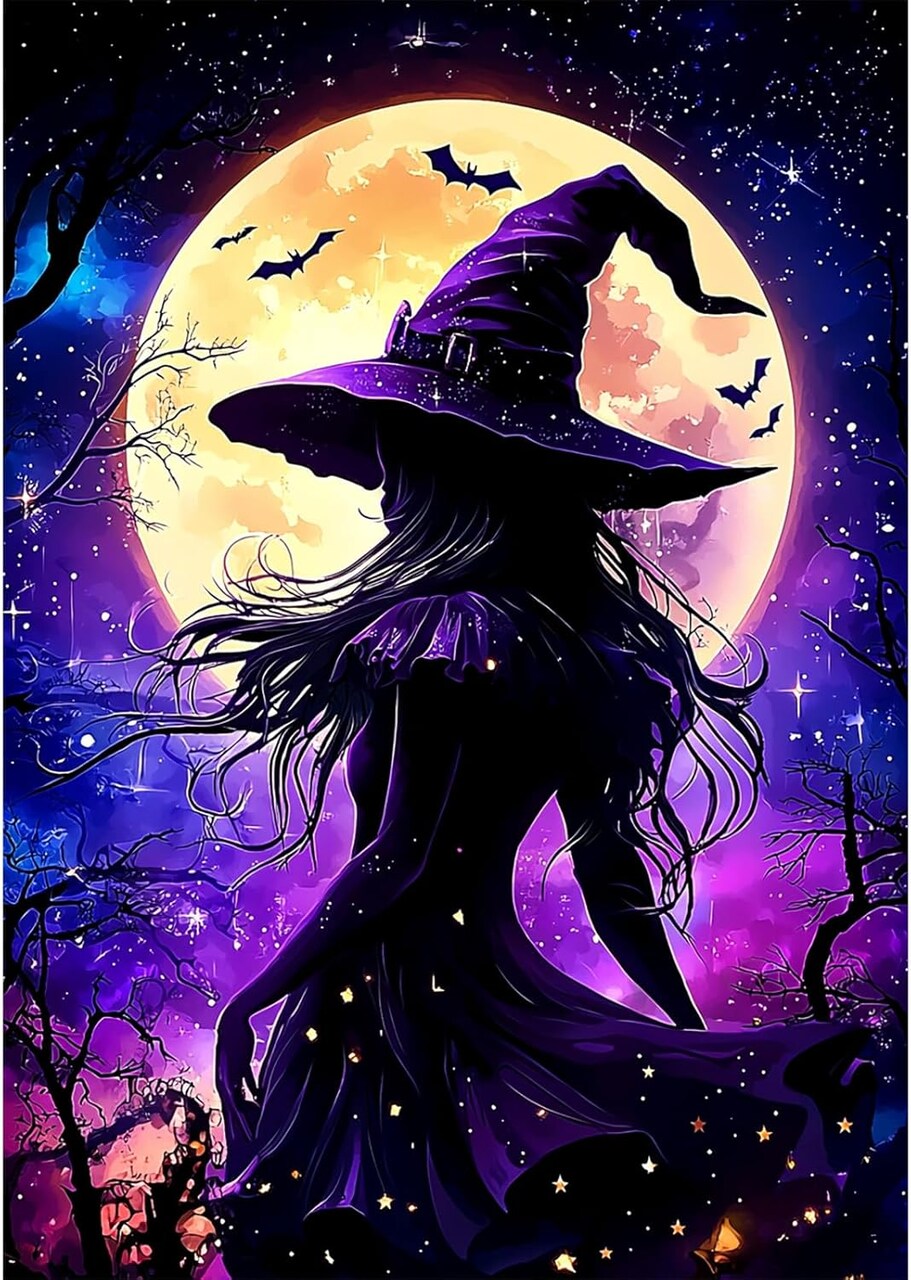 Witch Diamond Painting Kits for Adults, Retro Halloween Diamond Art Kit Beginners DIY 5D Full Drill Round Retro Witch Diamond Painting Gem Art for Home Wall Decor Gift 12x16inch